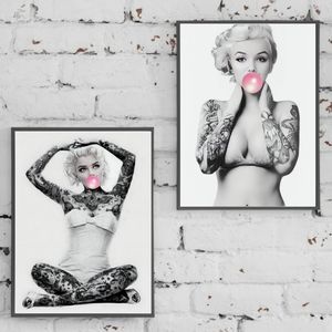 Marilyn Monroe Tattooed Poster Pink Bubble gum Wall Art Set